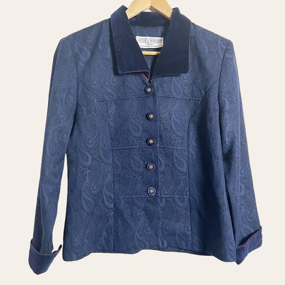 Vintage Jessica Howard Petite Navy Blue Paisley Velvet Button Front Jacket